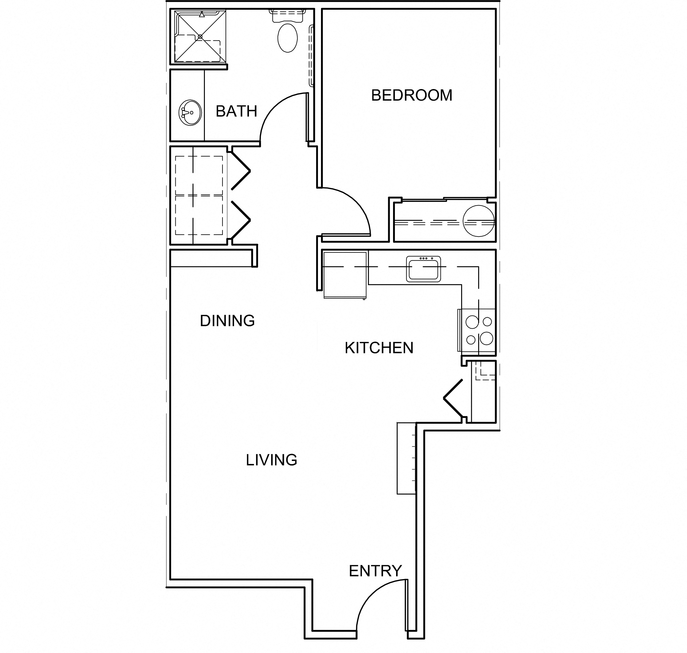 Floor plan for 1 bed, 1 bath, 649 sqft